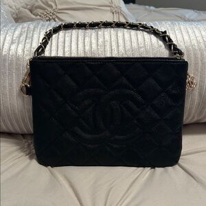 CHANEL Black Quilted Leather Shoulder Bag with Gold Chain Handle